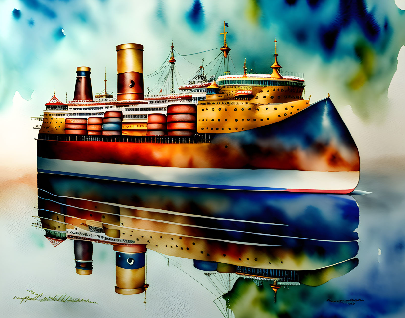 Vintage ocean liner illustration with mirage and watercolor background