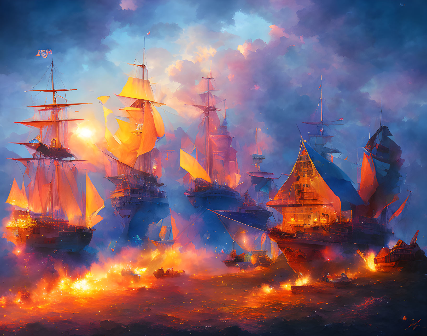 Naval battle artwork: fiery ships at sunset on dramatic sea.