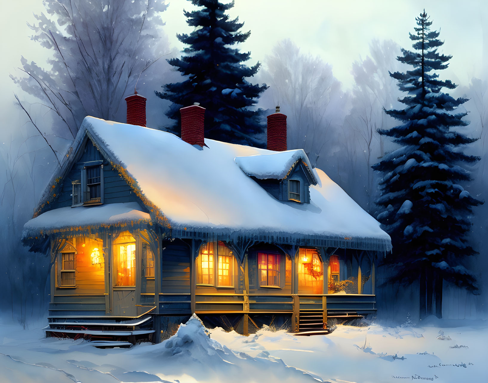 Snow-covered cabin with warm lights in tranquil winter landscape