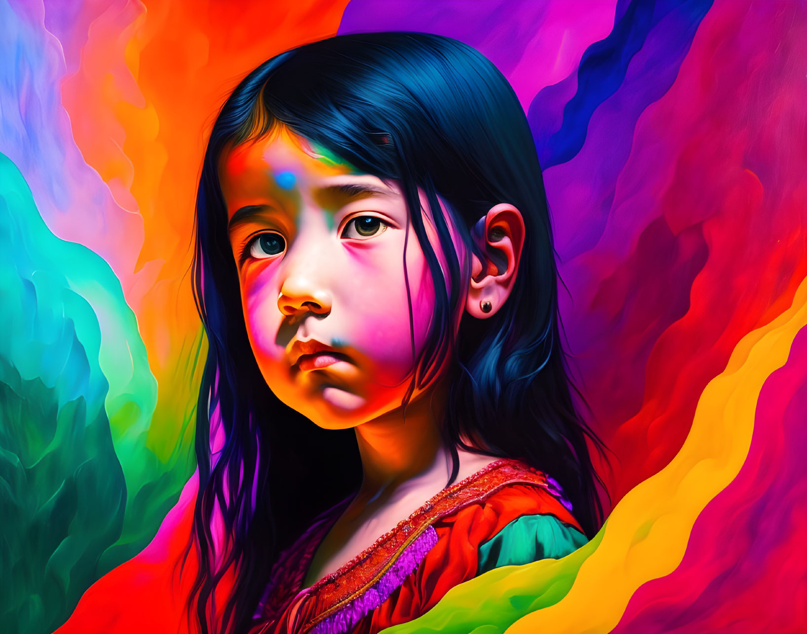 Young girl with solemn expression on vibrant abstract background