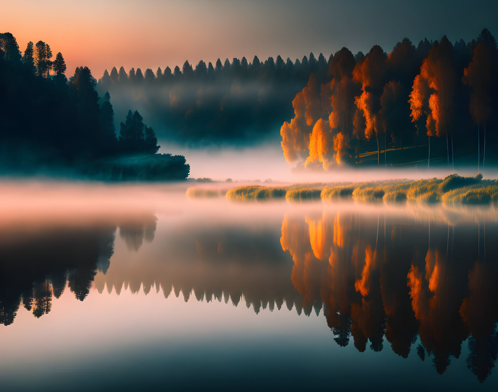 Tranquil lake scene with mist, reflecting trees in warm sunlight