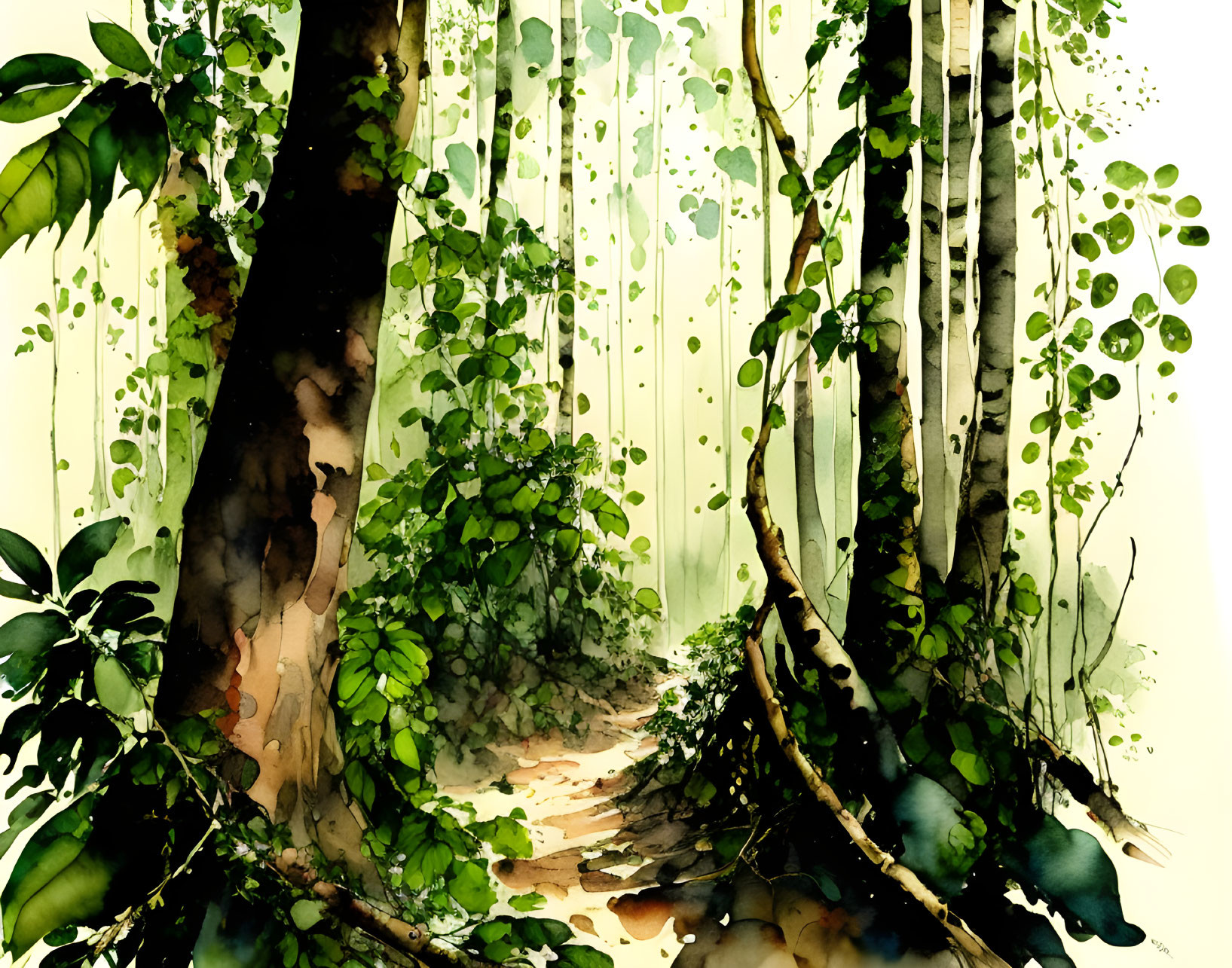 Sunlit forest watercolor painting with winding path and vibrant green trees.