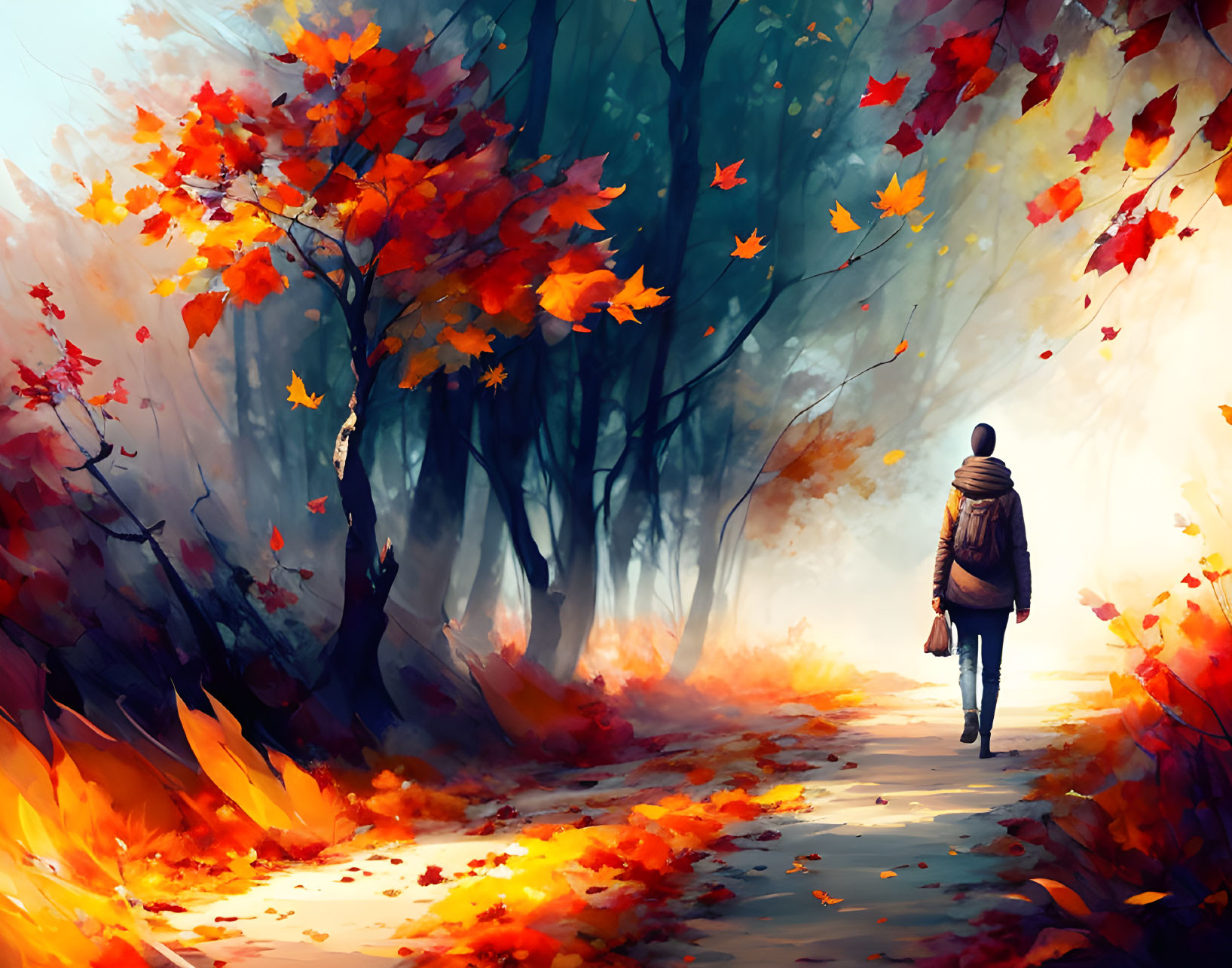 Person strolling in vibrant autumn forest with falling red and orange leaves