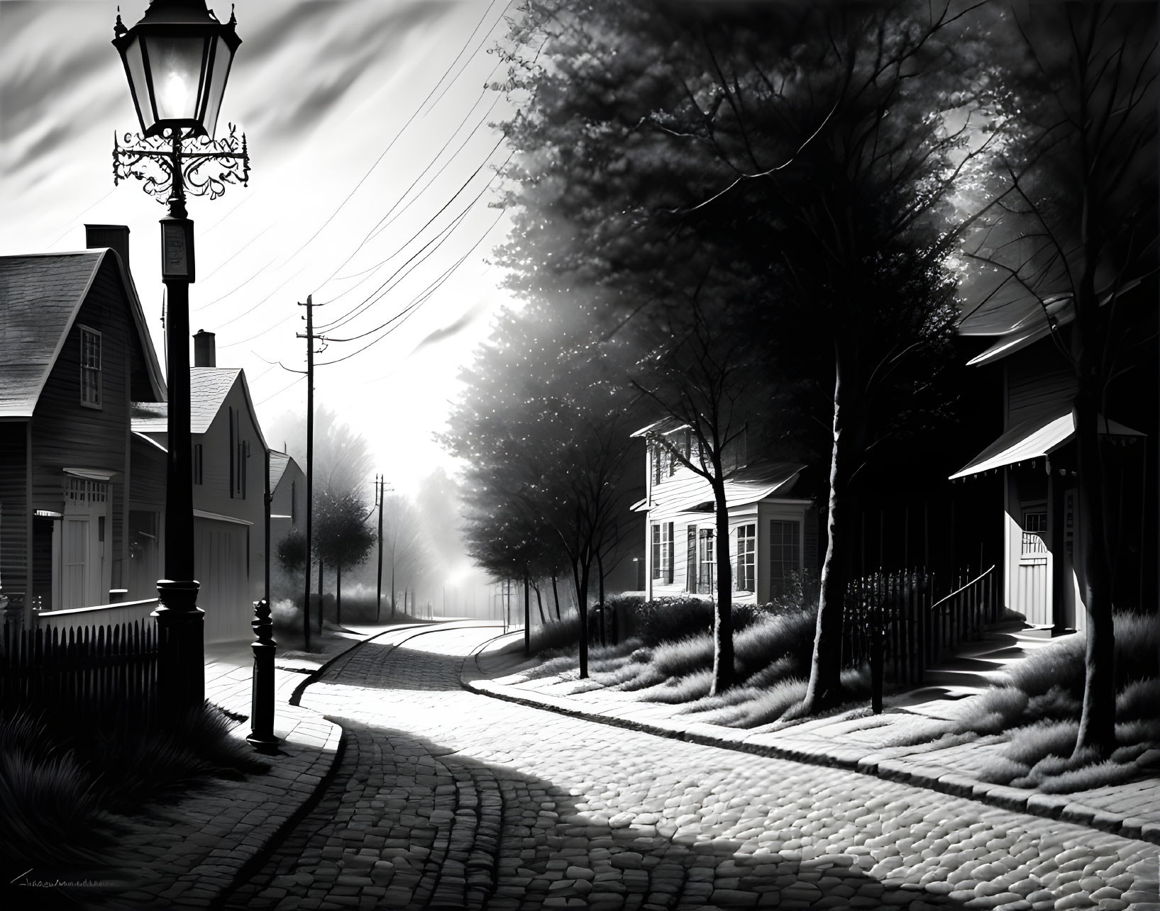 Monochrome image of cobblestoned street with houses, trees, and lamppost in mist