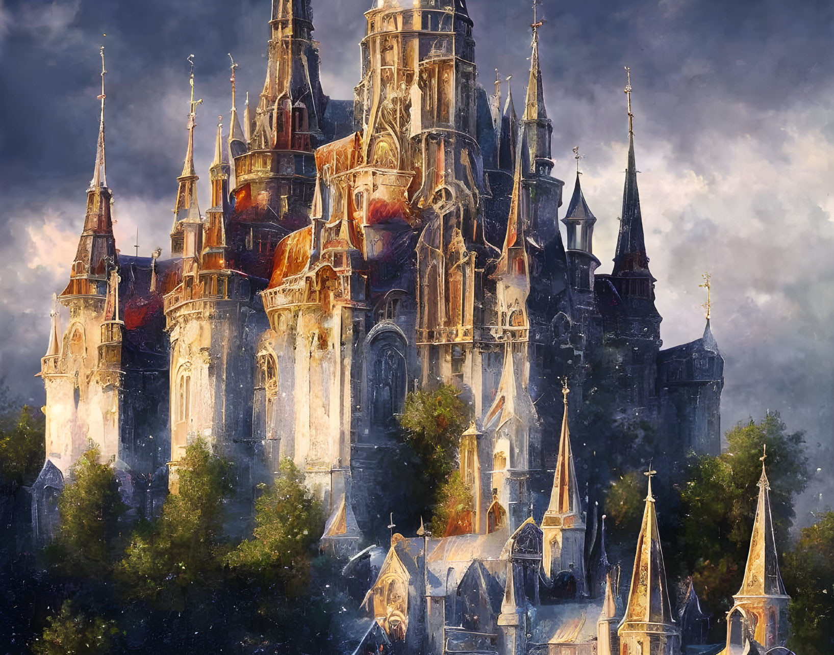 Fantasy castle with ornate spires and towers under twilight sky