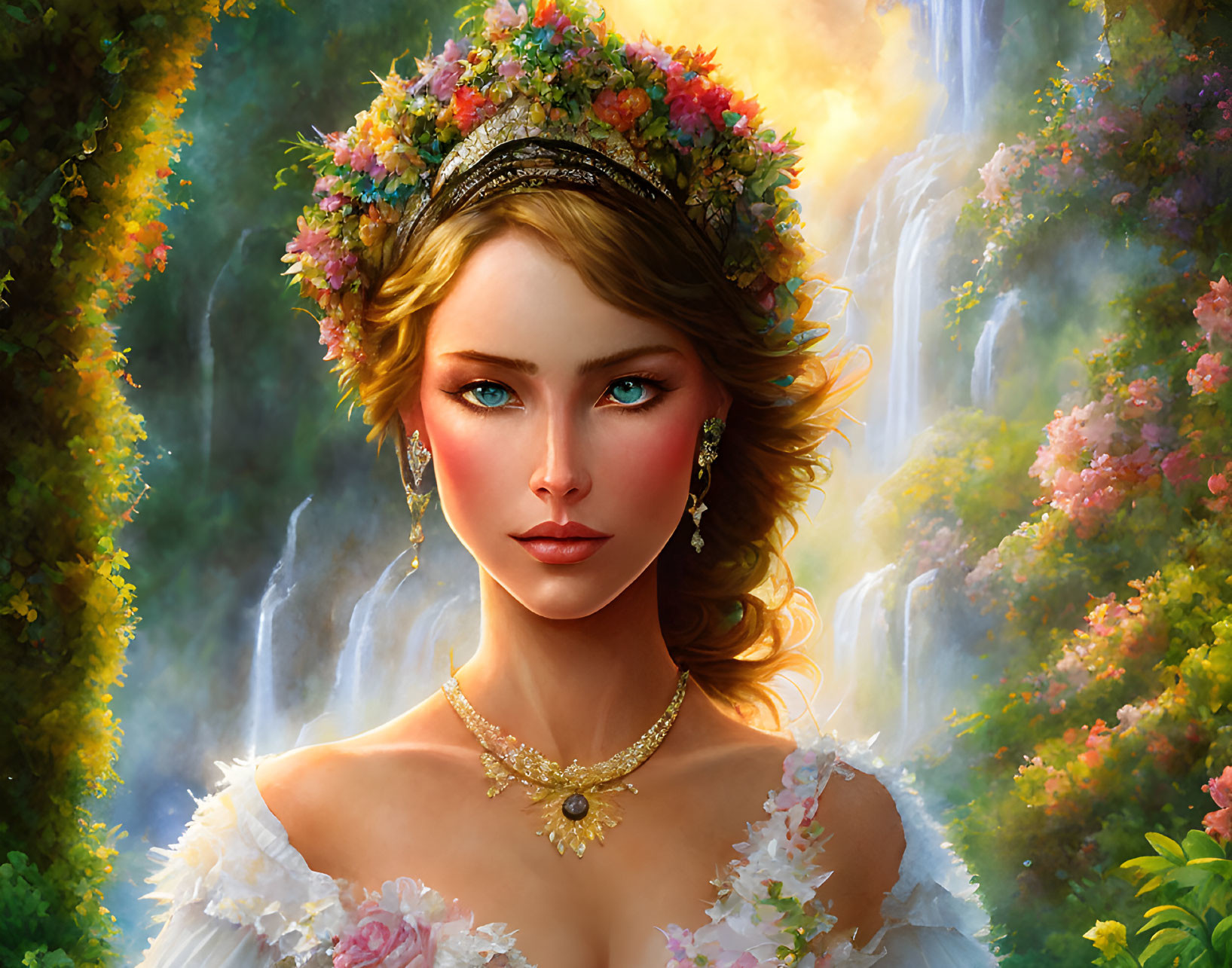 Digital Painting: Woman with Floral Crown and Earrings in Flower and Waterfall Scene