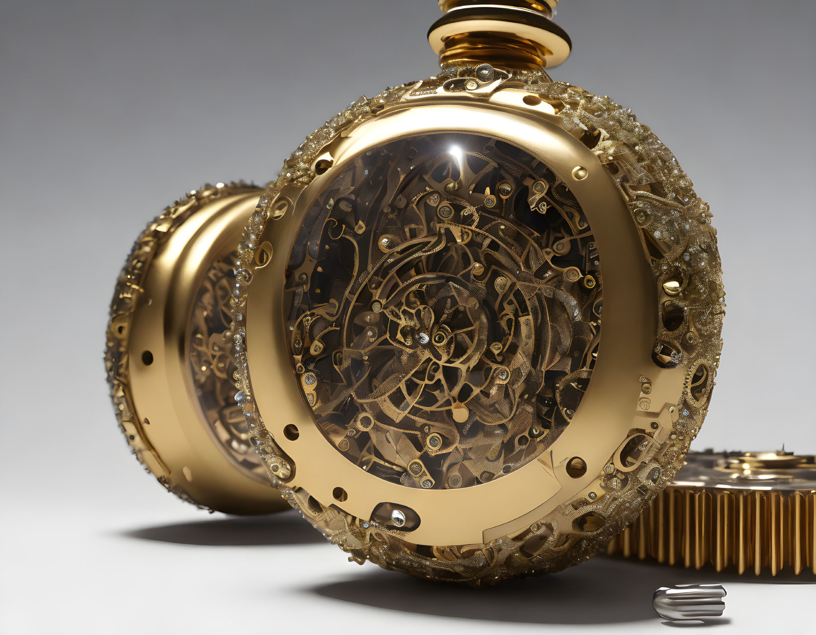 Gold Gear Open-Faced Pocket Watch with Jewels on Neutral Background