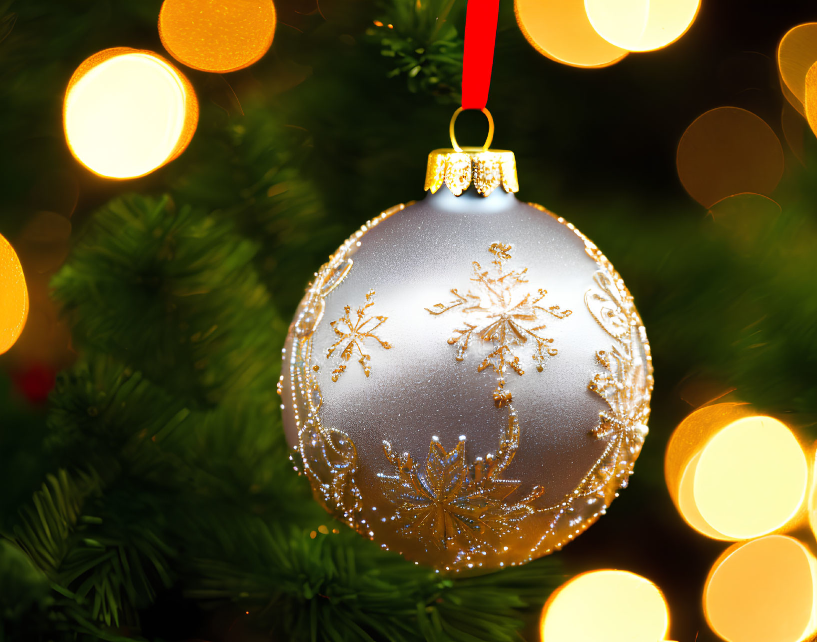 Silver Christmas ornament with golden snowflakes on tree with bokeh lights