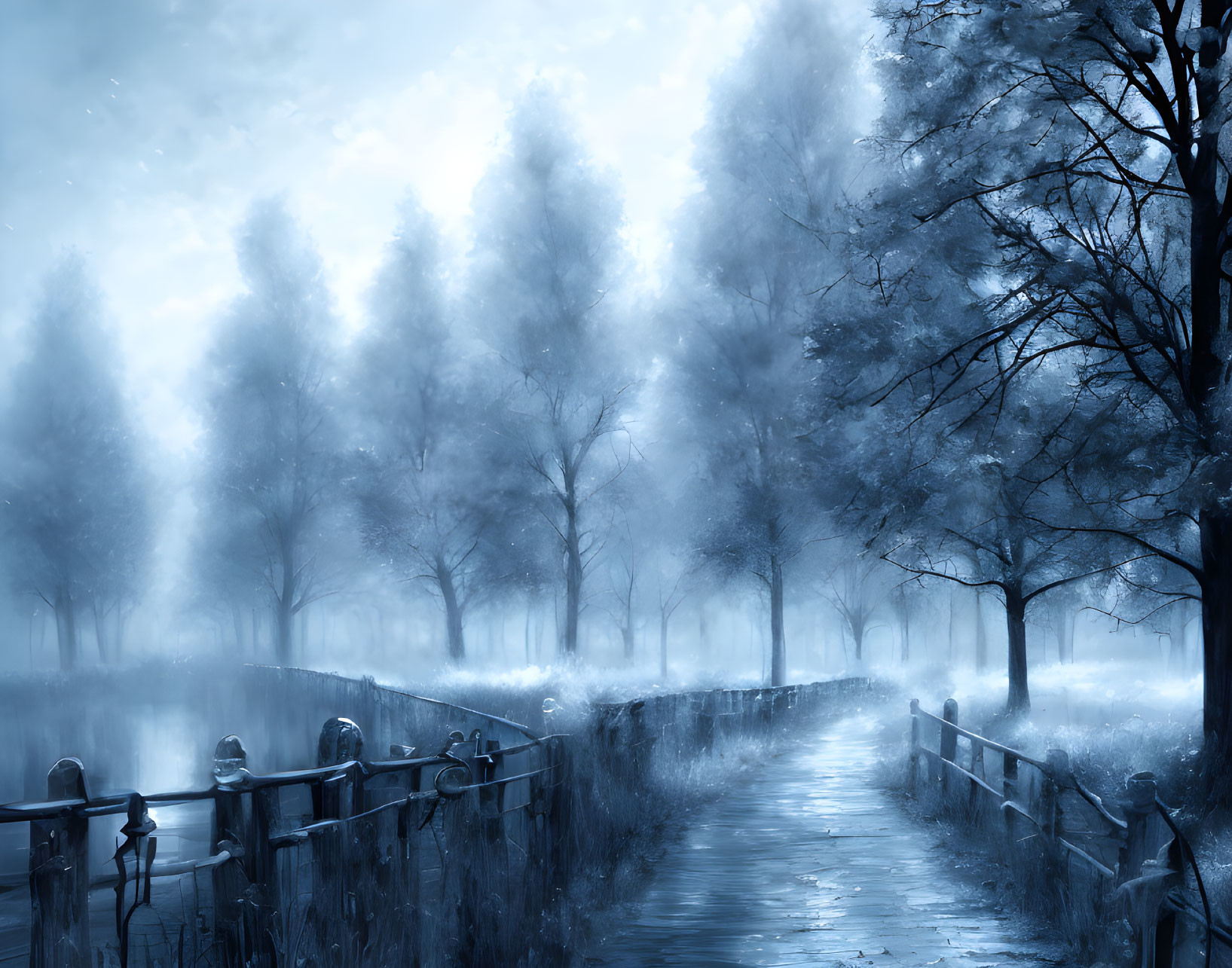 Misty Blue Landscape with Winding Path and Bare Trees