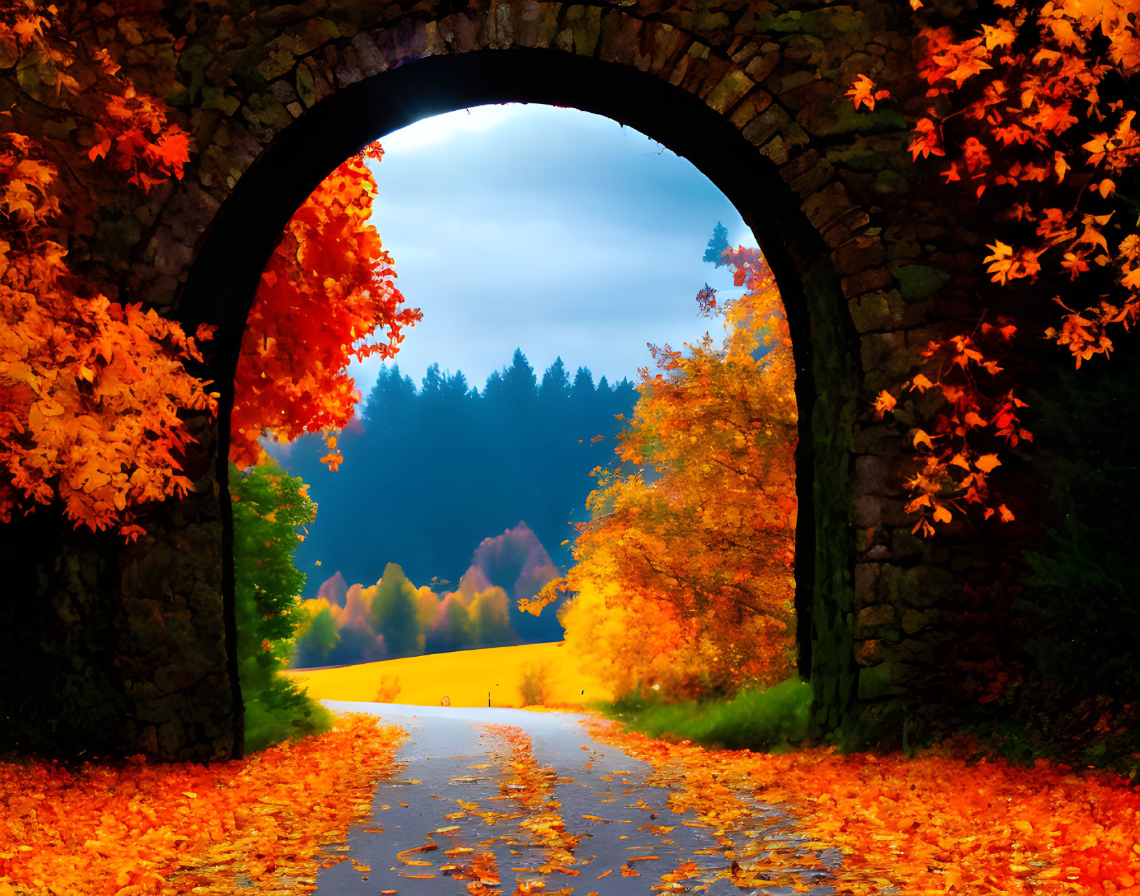 Arched stone tunnel frames colorful autumn scene