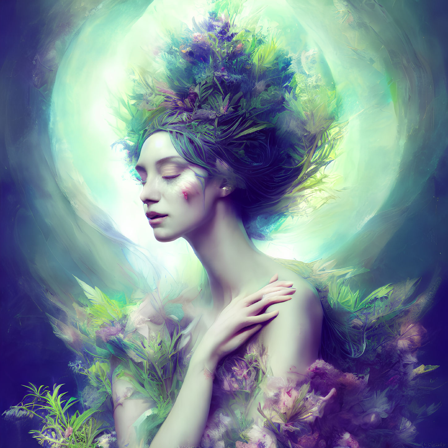 Ethereal woman portrait with floral hair against teal background