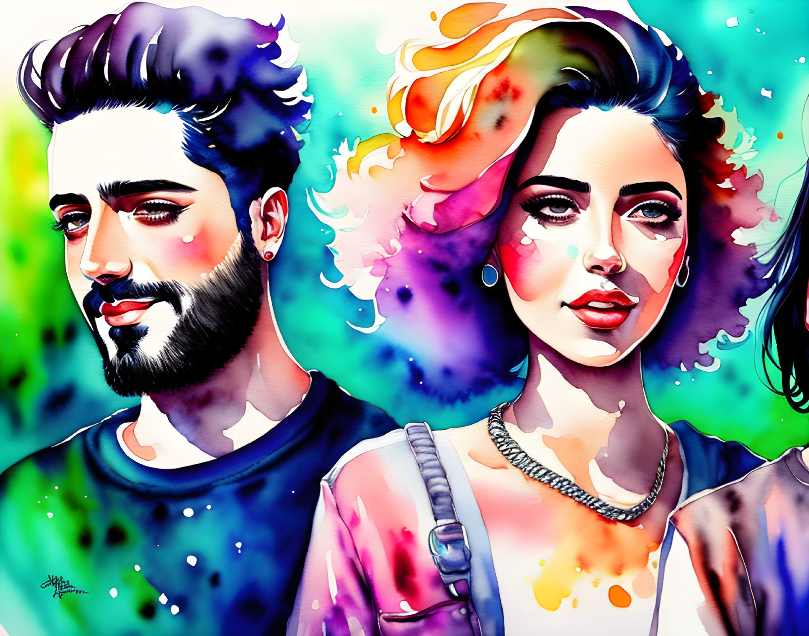 Colorful Watercolor Illustration of Stylish Man & Woman