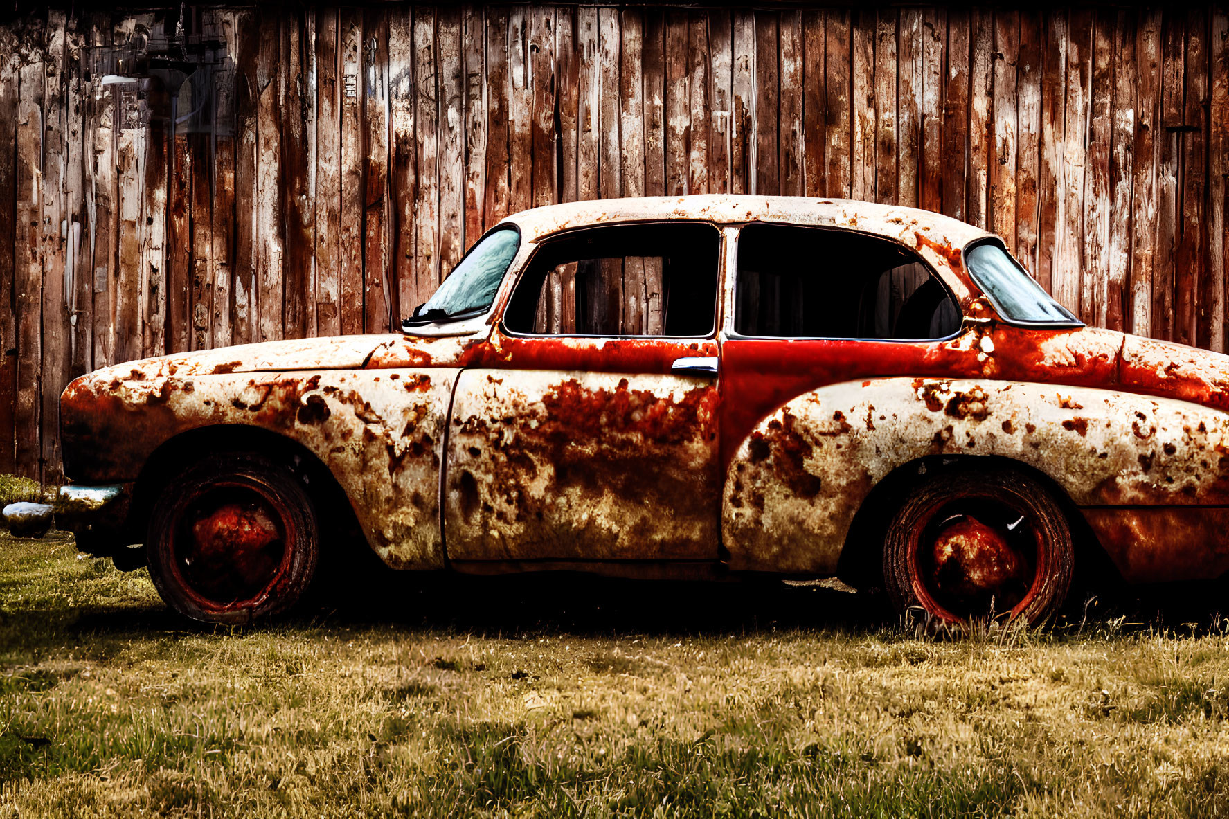 Abandoned rusty car with peeling paint in front of wooden fence