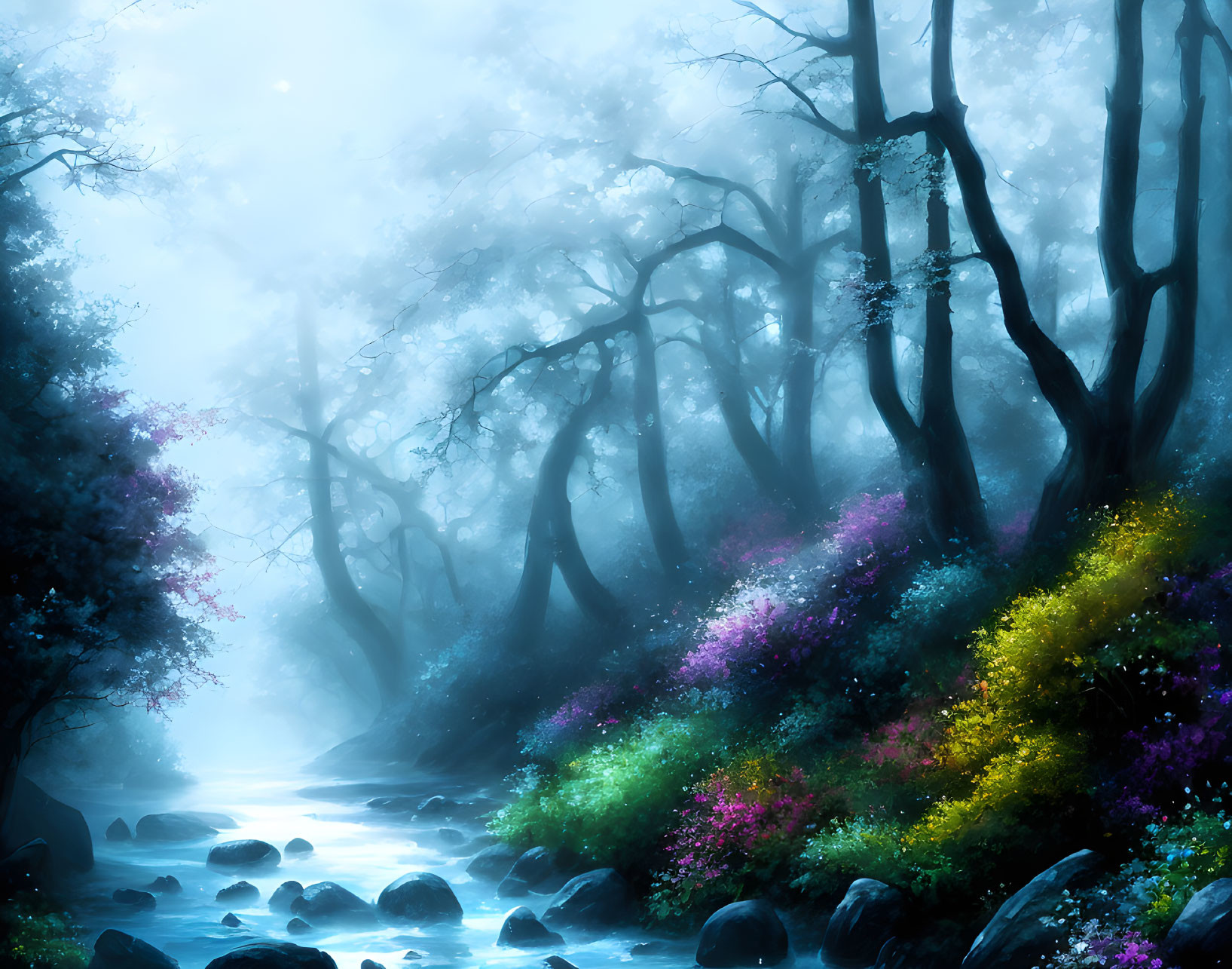 Mystical forest with misty atmosphere, vibrant flowers, stream, and silhouetted trees