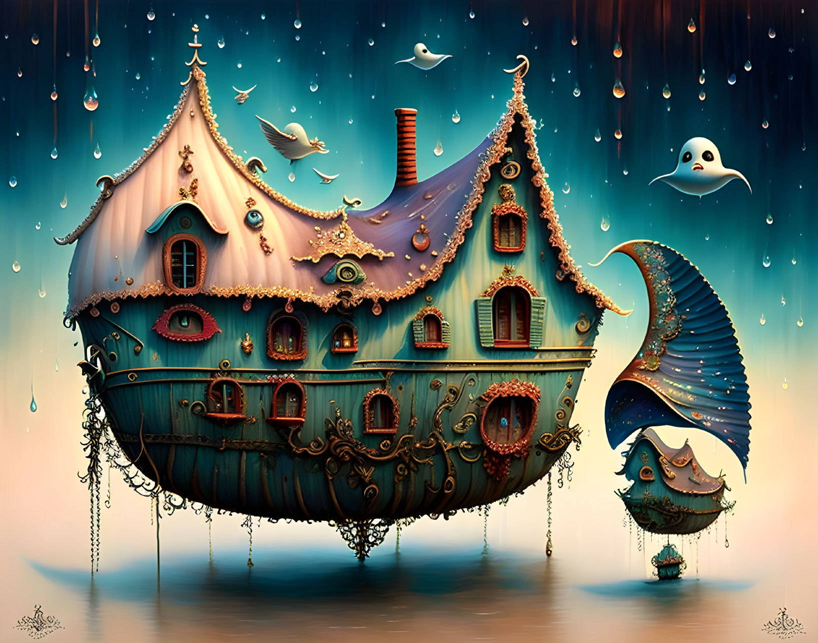 Floating ship-shaped house painting with intricate designs and sea-themed elements.