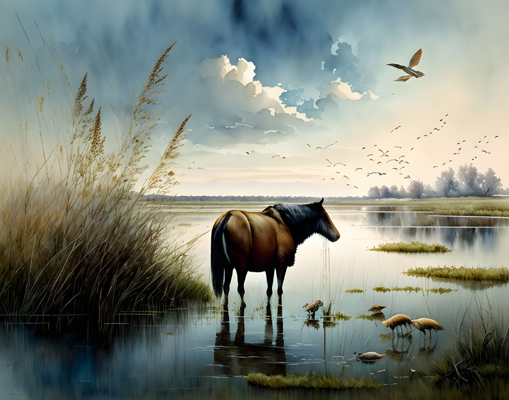 Tranquil landscape with horse in water, reeds, dramatic sky, birds.