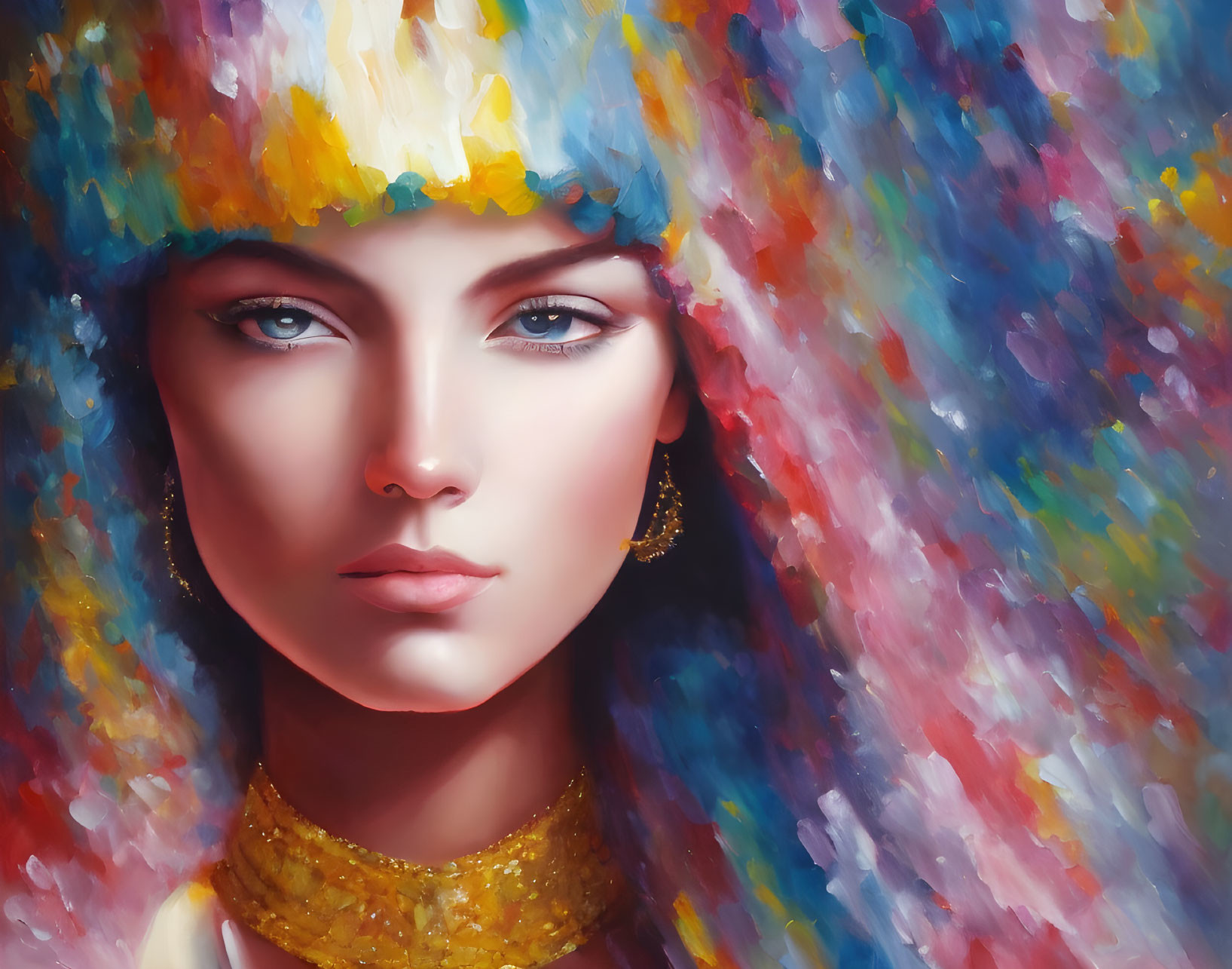 Digital painting: Woman with blue eyes, colorful headwear, gold earrings, vibrant abstract background