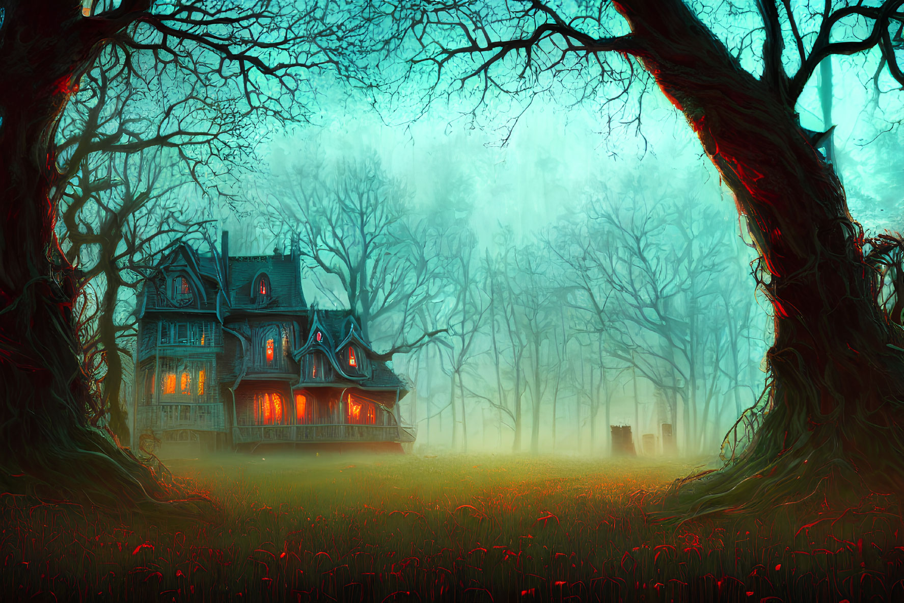 Spooky house with gnarled trees, fog, glowing windows, red flowers, and mystical sky