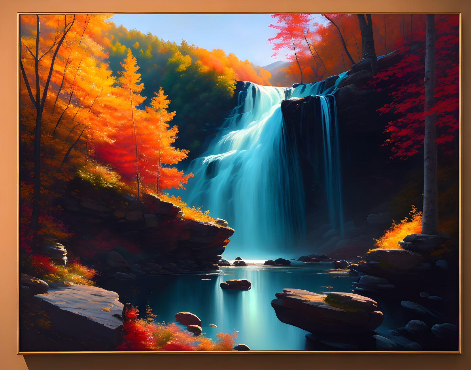 Autumnal trees and waterfall in digital painting