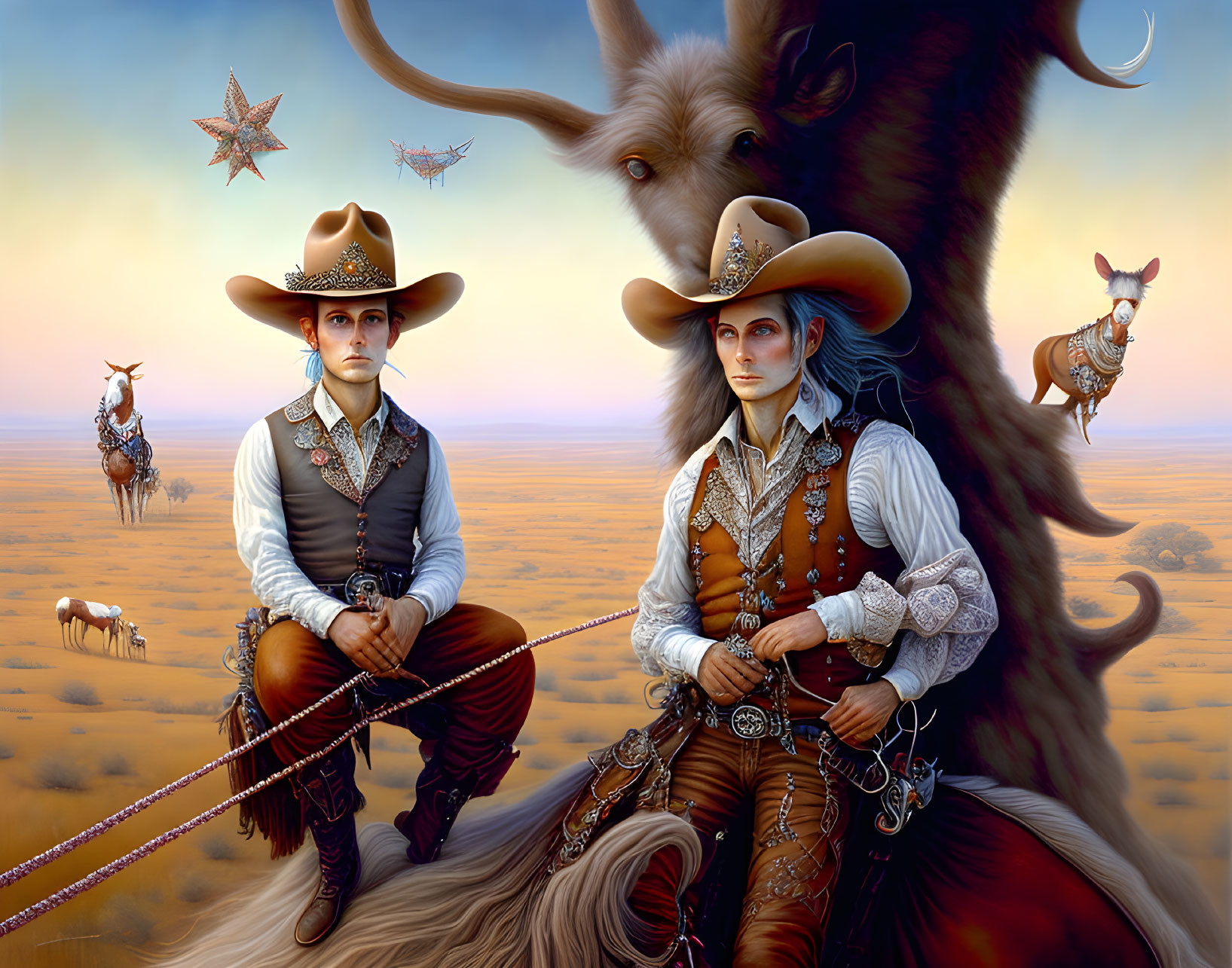 Cowboy-themed surreal desert landscape with floating stars and animals