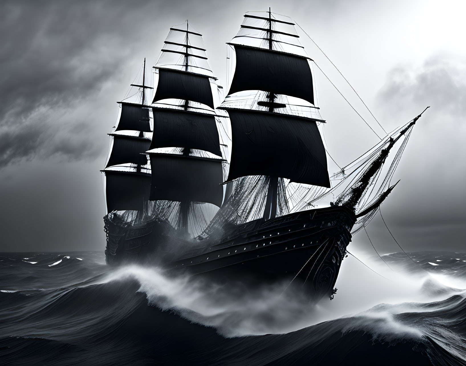 Monochrome image of majestic sailing ship in turbulent ocean waves