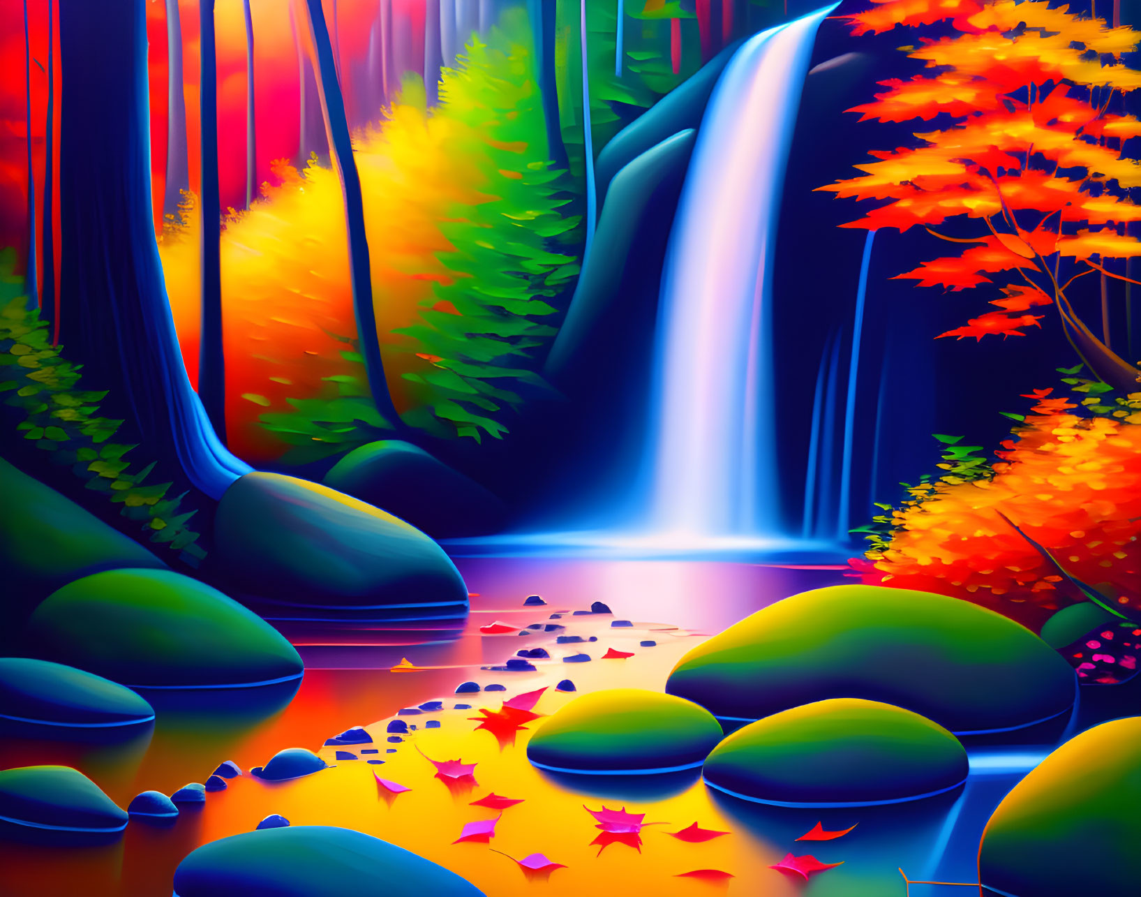 Digital artwork of autumn forest waterfall with vibrant colors