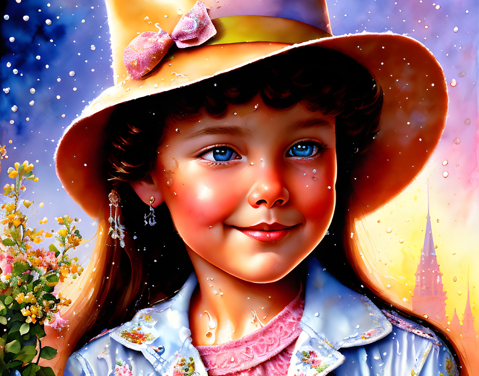 Colorful Illustration: Smiling Girl in Hat and Denim Jacket