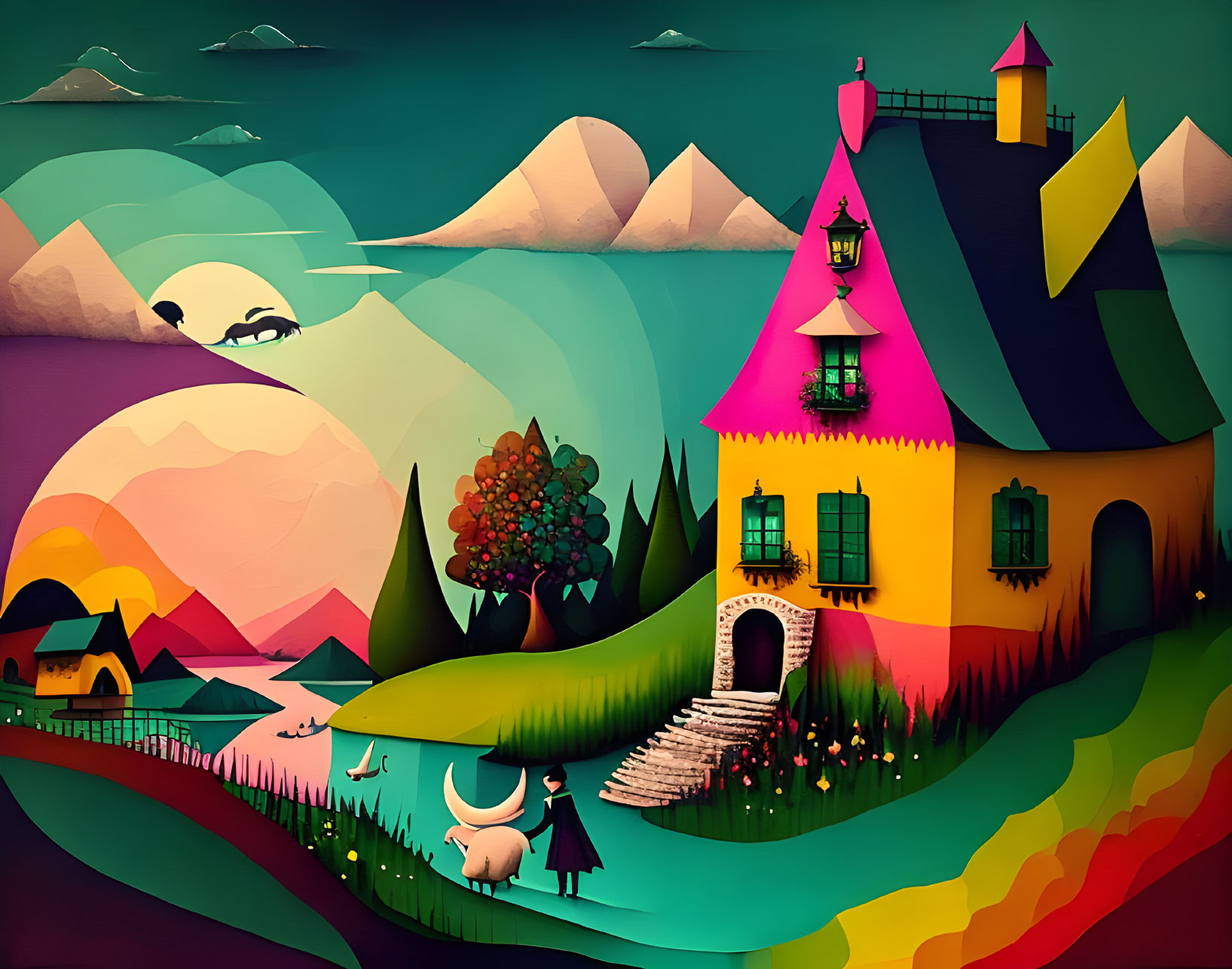 Colorful house on hill with pink roof in whimsical landscape.