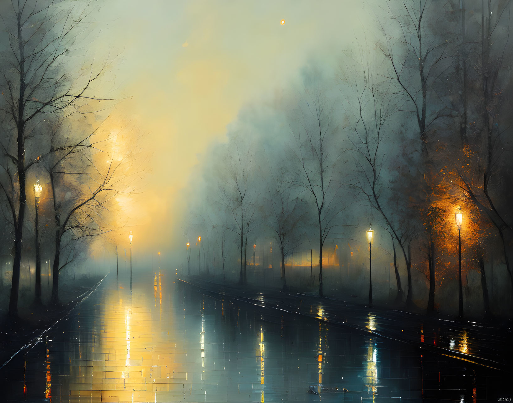 Misty dusk street with glowing lamps on wet pavement