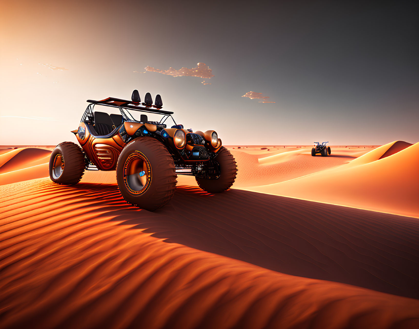 Off-road buggy parked on sand dunes under clear sky, another buggy in distance