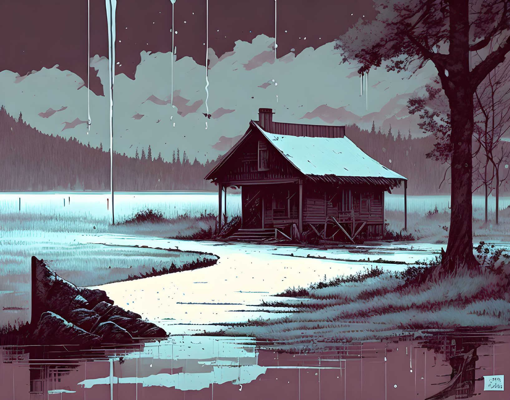 Stylized illustration of solitary cabin by serene lake with tree in moody blue and purple hues under