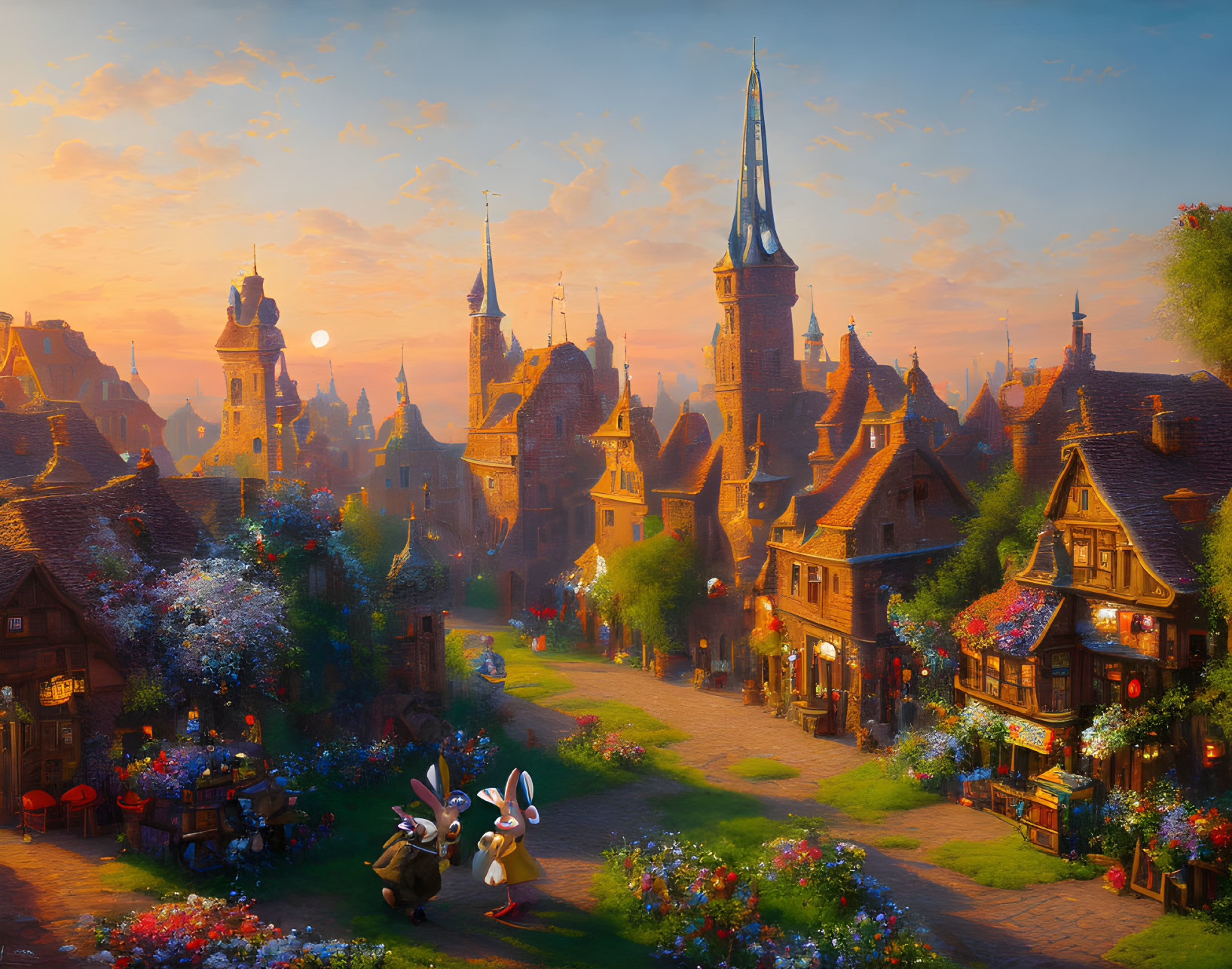 Medieval fantasy village with vibrant flowers and rabbits in picturesque setting.