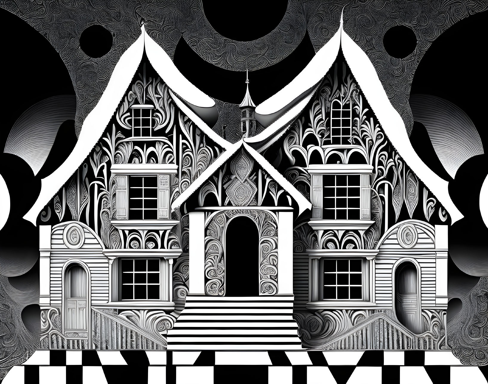 Symmetrical Gothic Fantasy Mansion Illustration in Black and White