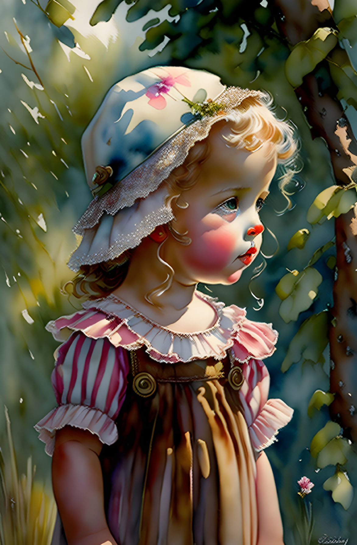 Young girl with curly hair in ruffled dress and floral hat in sunlit forest