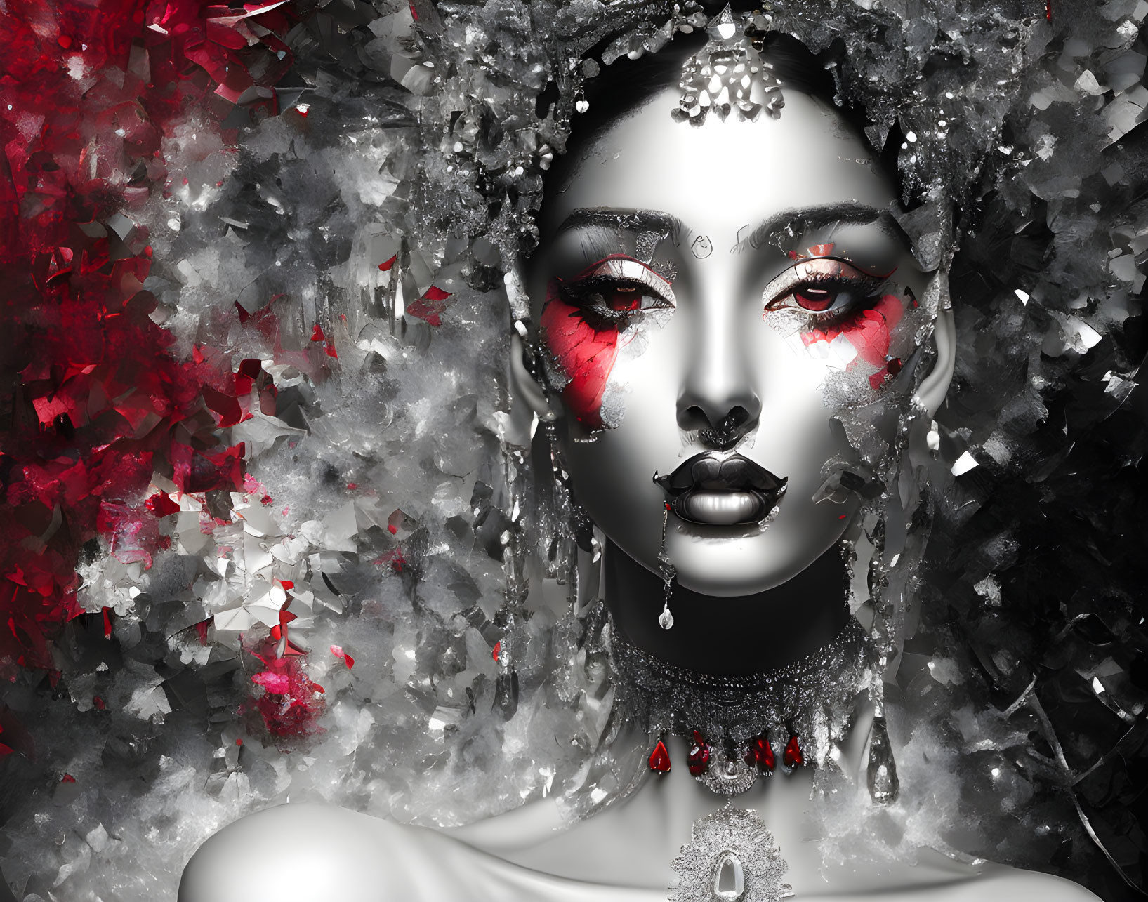 Monochromatic image of woman with red eye makeup and intricate jewelry in red and silver abstract setting