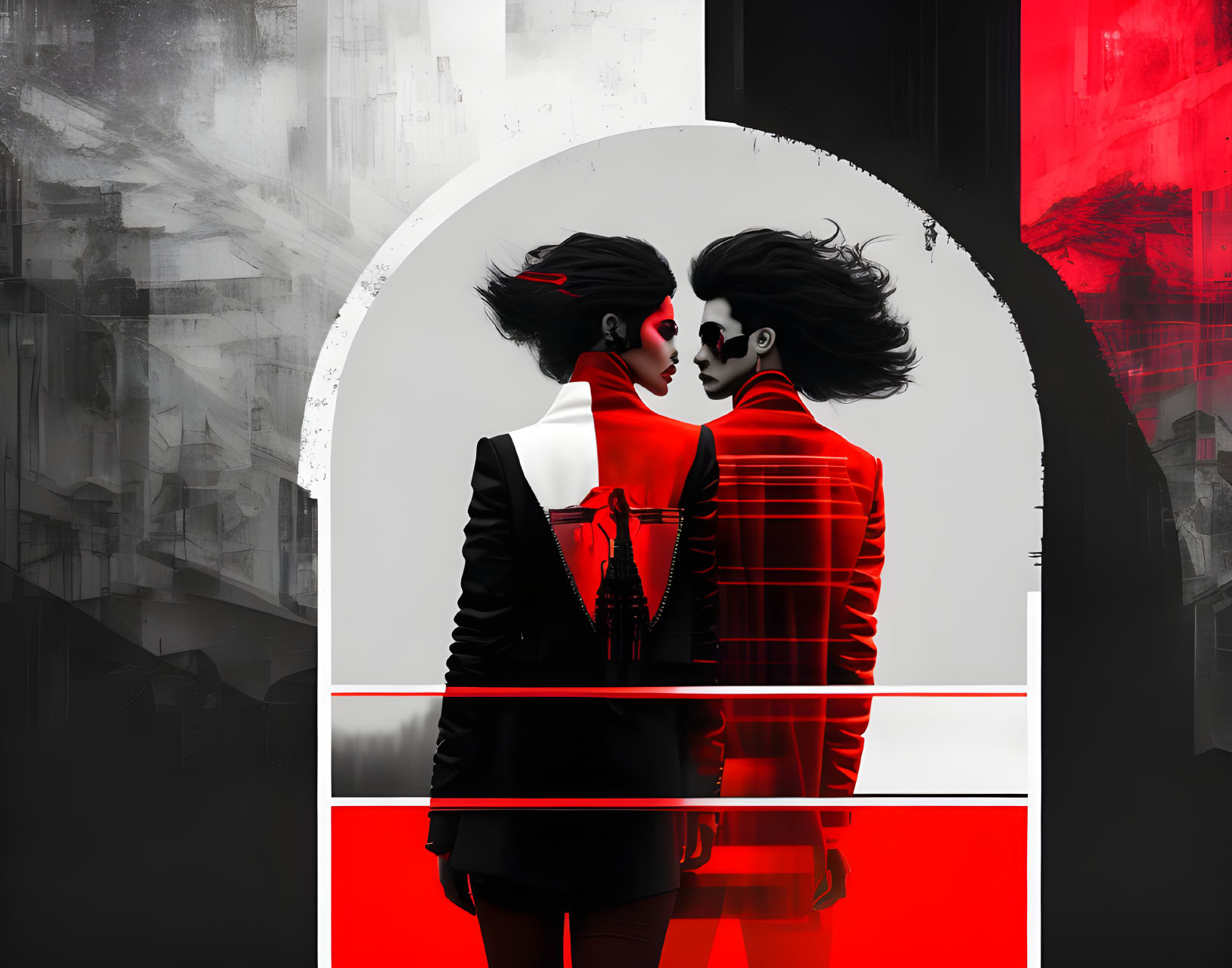 Stylized figures with skull makeup in fashionable attire against modern abstract backdrop