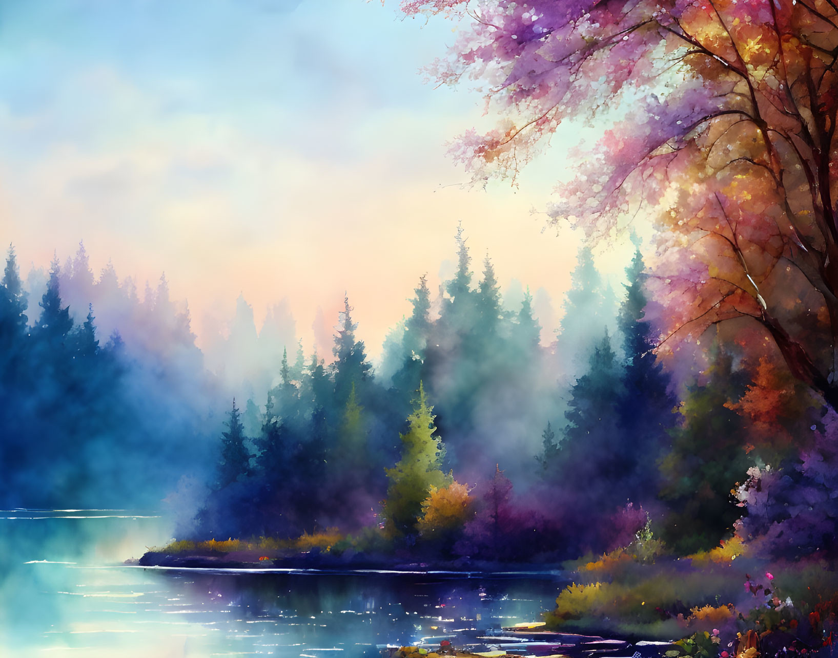 Tranquil misty forest landscape by calm lake with autumn trees