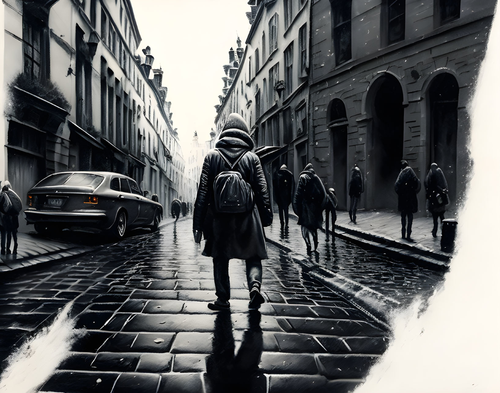 Historic city scene: person on wet cobblestone street with vintage cars and pedestrians under overcast