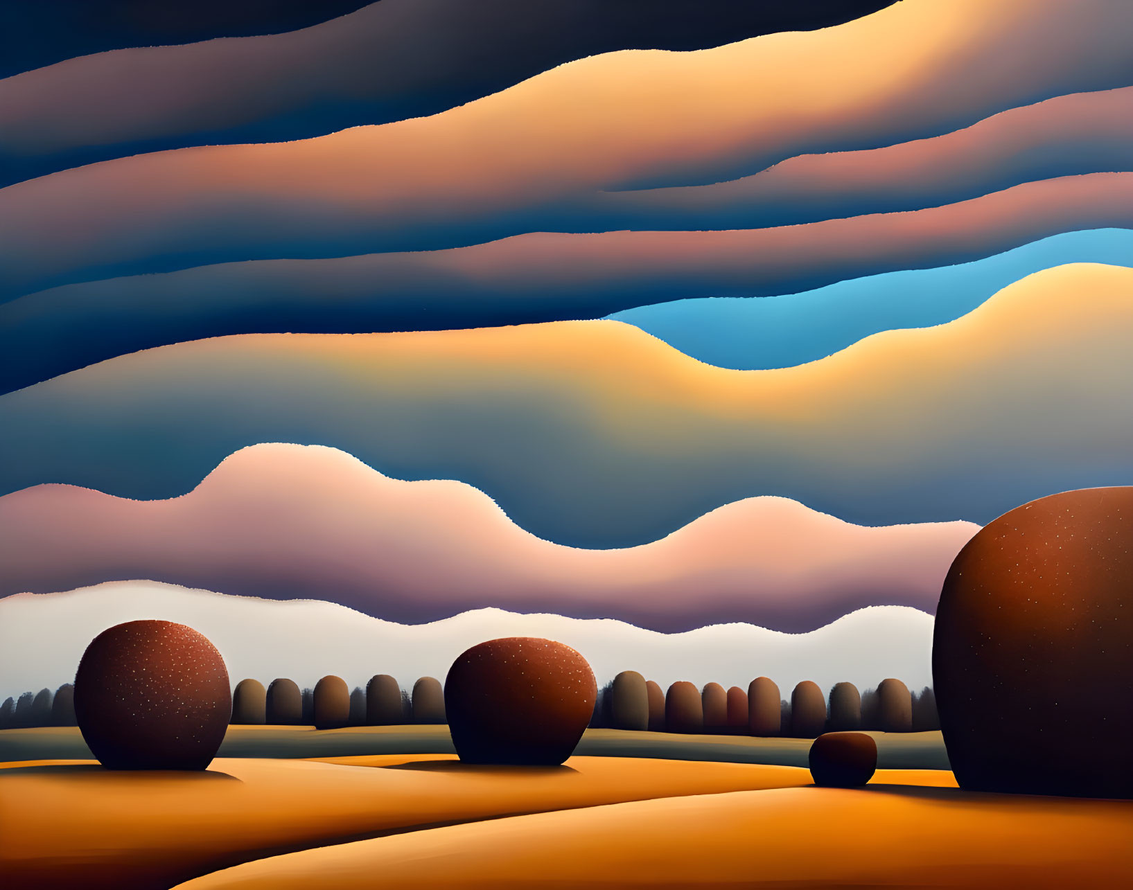 Surreal landscape with rolling hills and layered sky.