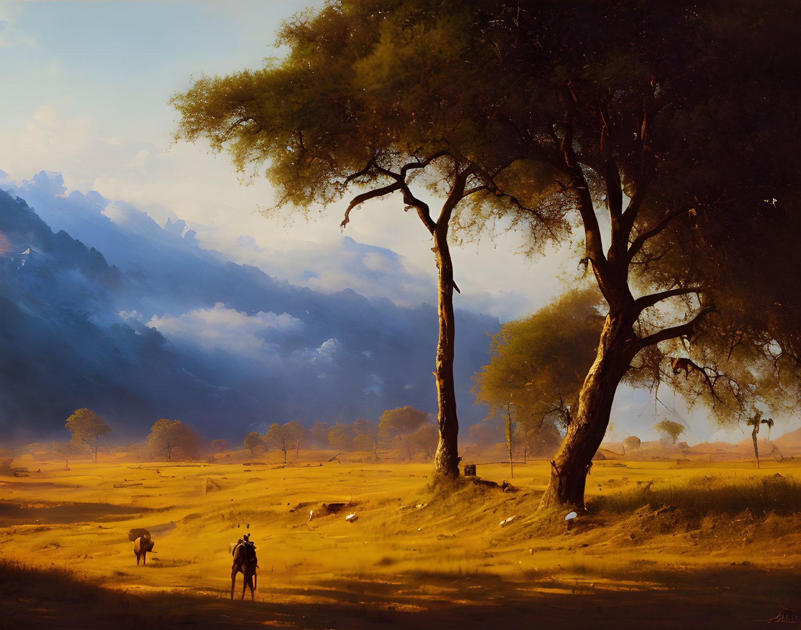 Serene dusk landscape with trees, mountains, clear sky, and figure with livestock