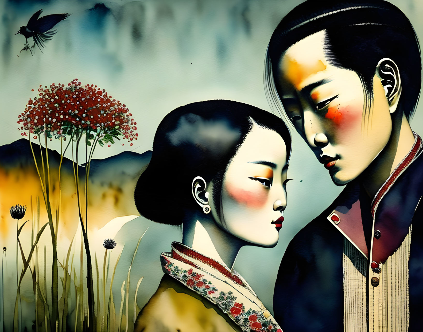 Stylized illustration of two Asian individuals in serene floral setting