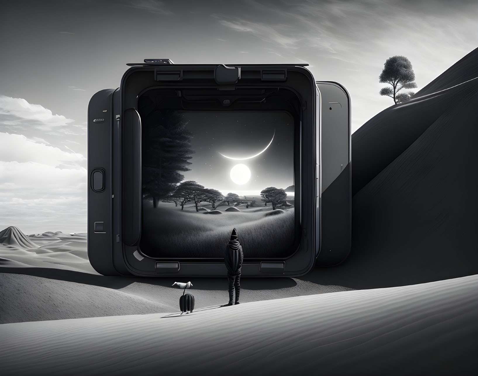 Person standing before large camera captures serene dreamlike landscape with trees, crescent moon, and celestial bodies