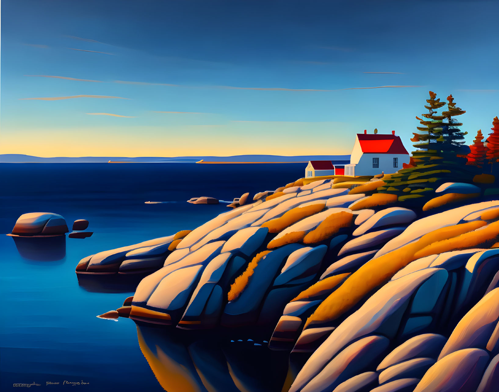 Tranquil seascape with white house on rocky shore under blue sky