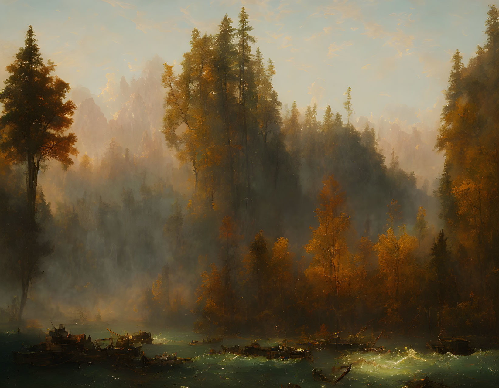 Misty forest landscape with towering trees and flowing river