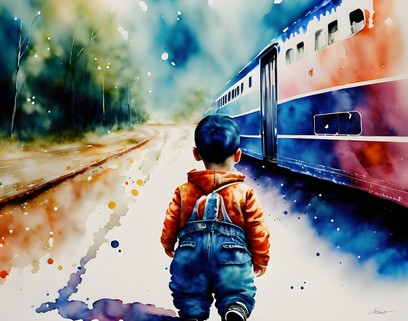 Colorful train beside a splattered-paint road with a young boy - vibrant nature backdrop