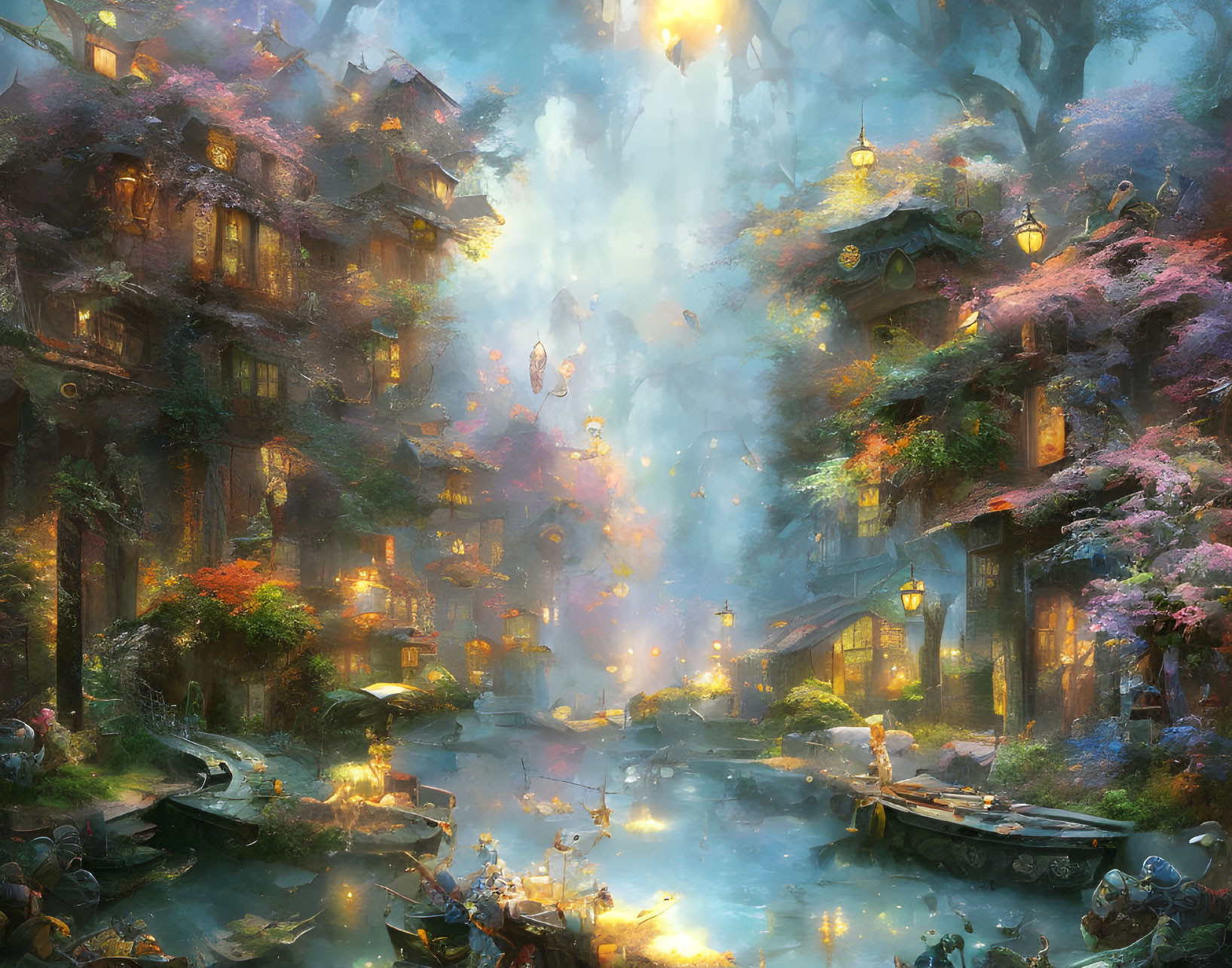 Magical fantasy village: multi-story wooden buildings, serene canal, floating lanterns, blooming trees