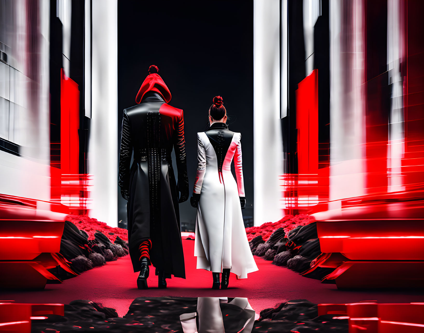 Futuristic figures at entrance of modern structure with red and white lighting