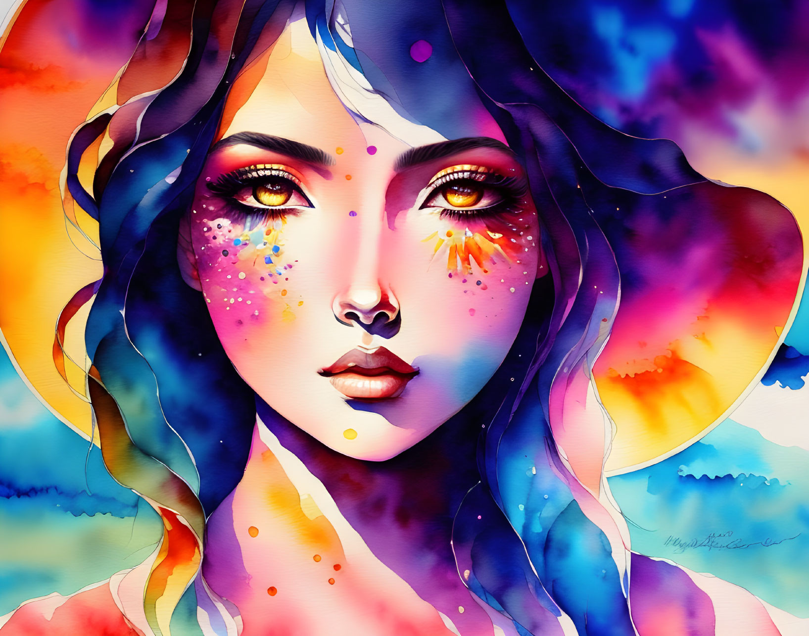 Colorful watercolor illustration of woman with dripping paint against abstract background