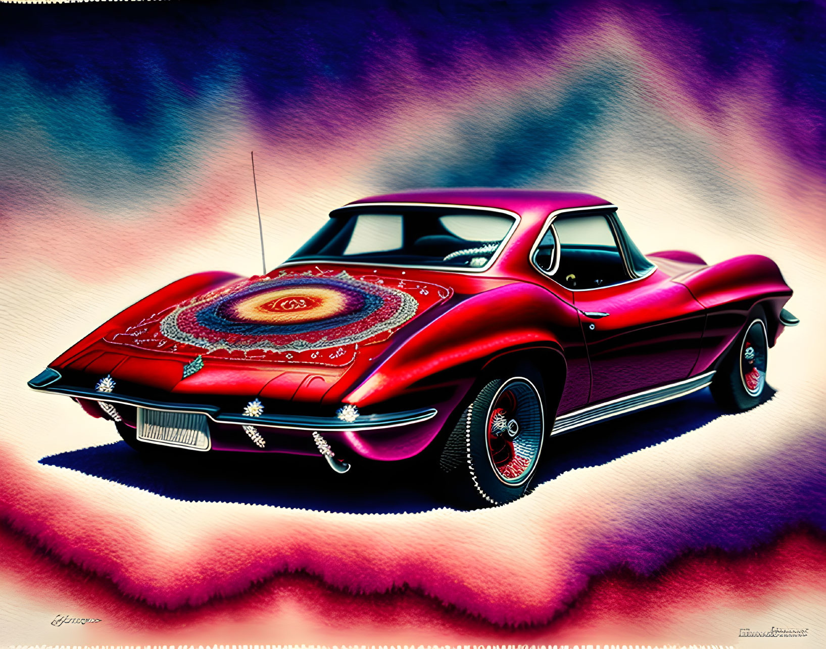 Classic Red Corvette with Psychedelic Swirls on Multicolored Background