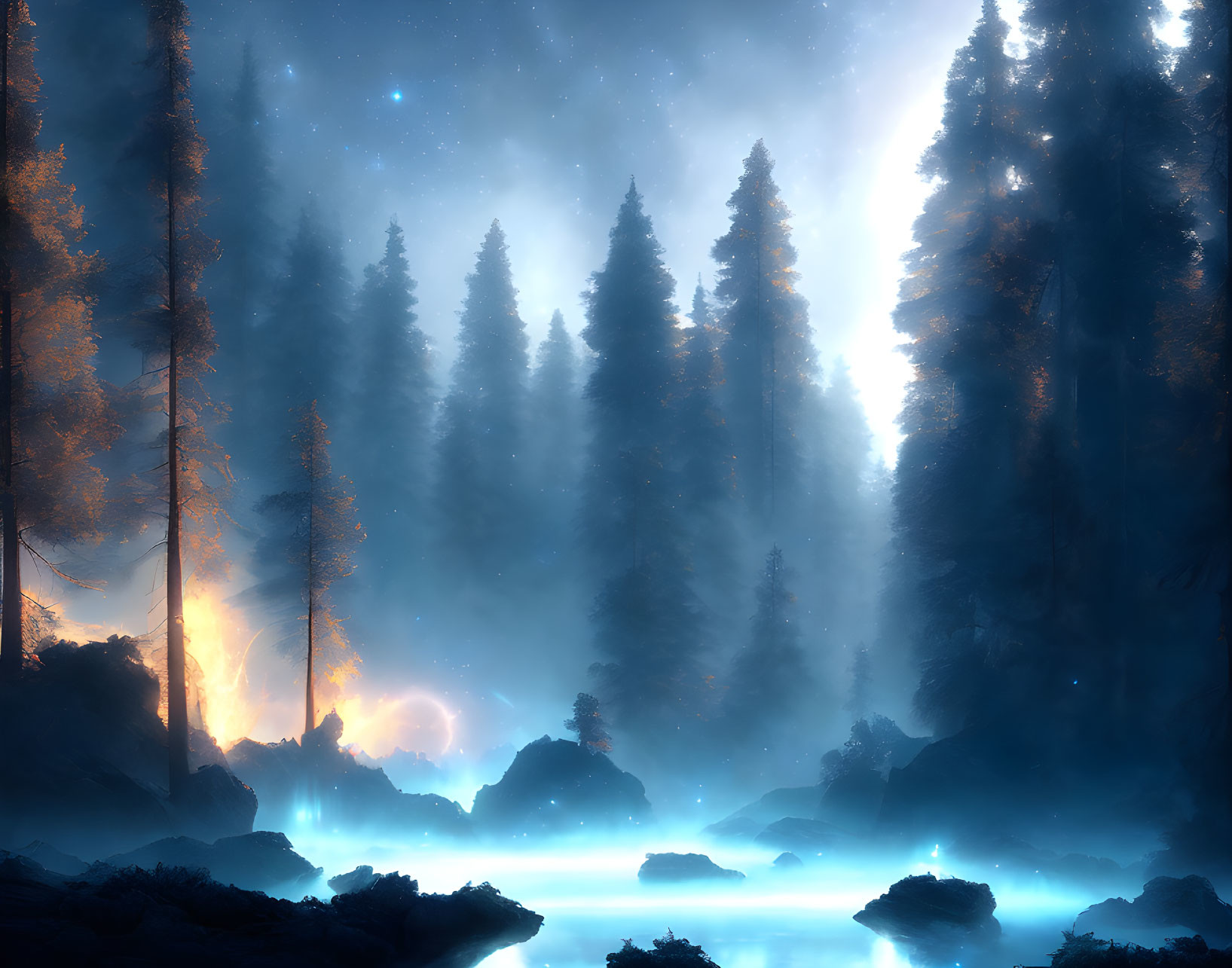 Ethereal blue forest at night with fog and water.